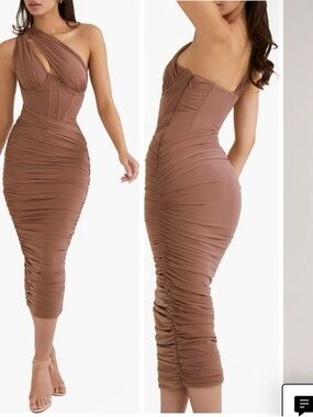 House of CB Valentina asymmetric cutout one-shoulder midi dress